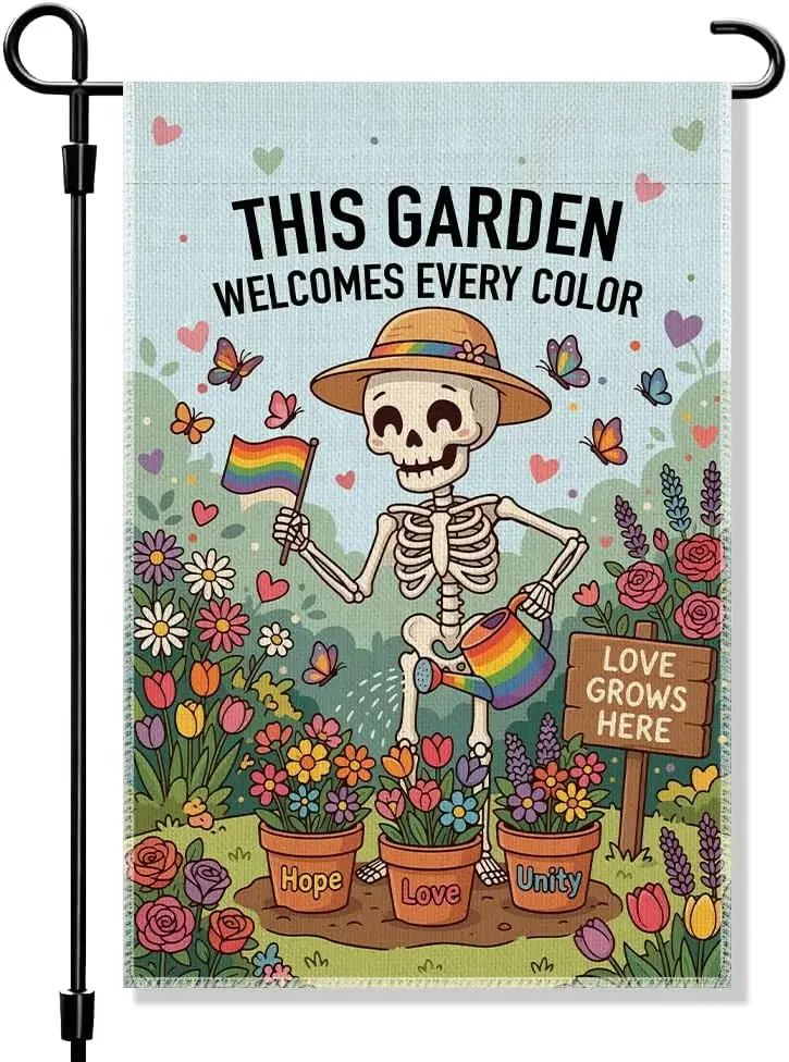 This Garden Welocme Every Color Garden Flag, Funny Skeleton Yard Flag for Outside, 12x18 Inch Double Sided Human Rights Yard MMZ