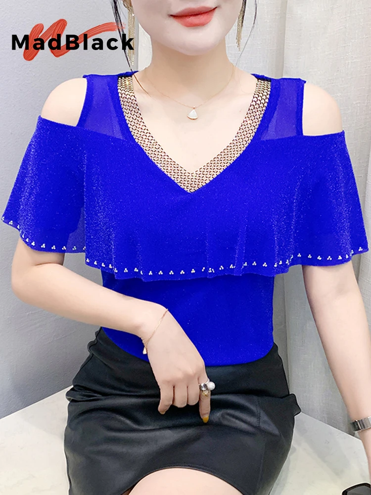 

MadBlack-Women's European T-Shirt, Sexy V Neck Diamond Ruffles, Streetwear Short Sleeve Slim Mesh Tee, 2025 Summer New T55513CC