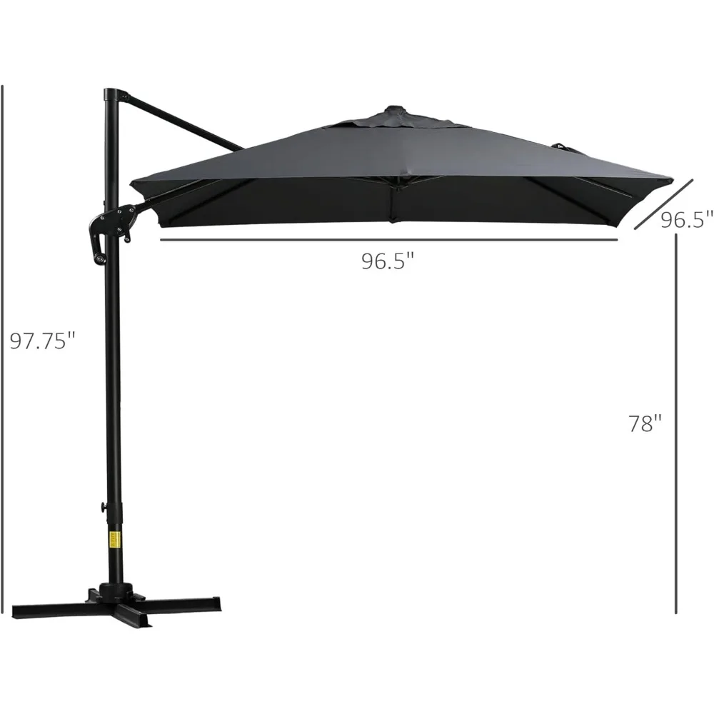 8FT Cantilever Patio Umbrella, Square Outdoor Offset Umbrella with 360° Rotation, Aluminum Hanging Umbrella with 3-Posi