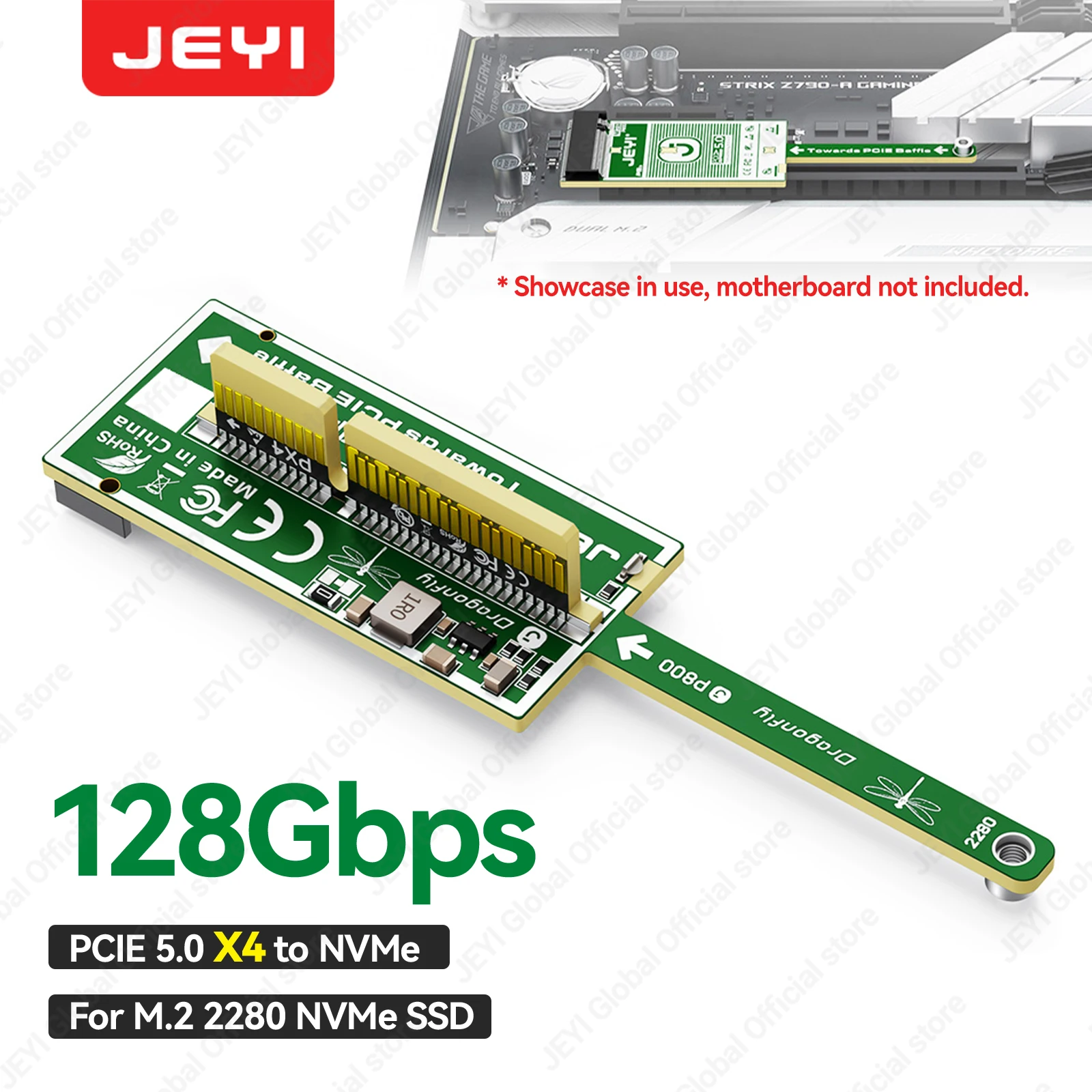 JEYI Flat PCIe 5.0 X1 naar NVMe Adapterkaart 32Gbps Dun ontwerp Geen GPU-obstructie voor M.2 2230 NVMe SSD Mini-uitbreidingskaart