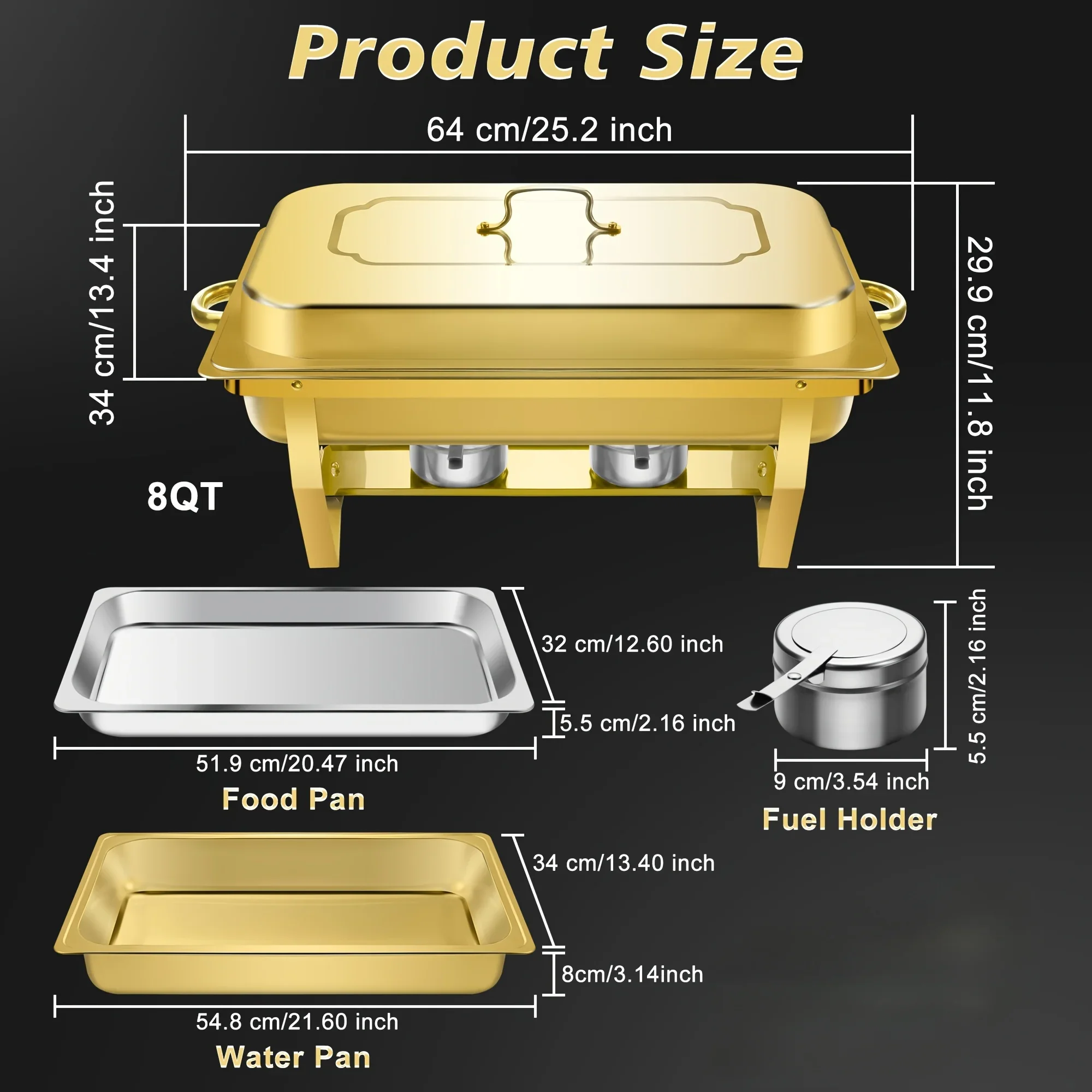 6 قطع من صينية خبز البوفيه، مجموعة بوفيه صينية خبز ذهبية سعة 8 لتر بالحجم الكامل، صينية خبز فاخرة من الفولاذ المقاوم للصدأ سخان طعام للحفلات