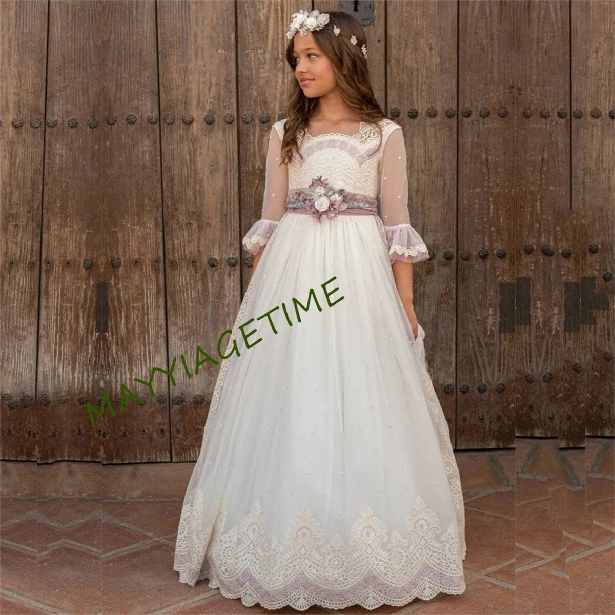 CustCommunion Kleid für Mädchen mit halbärmeligem, langem Dampfrock, quadratischem Ausschnitt, elegantes Retro-Muster, Stickerei, Schleife, Minibride