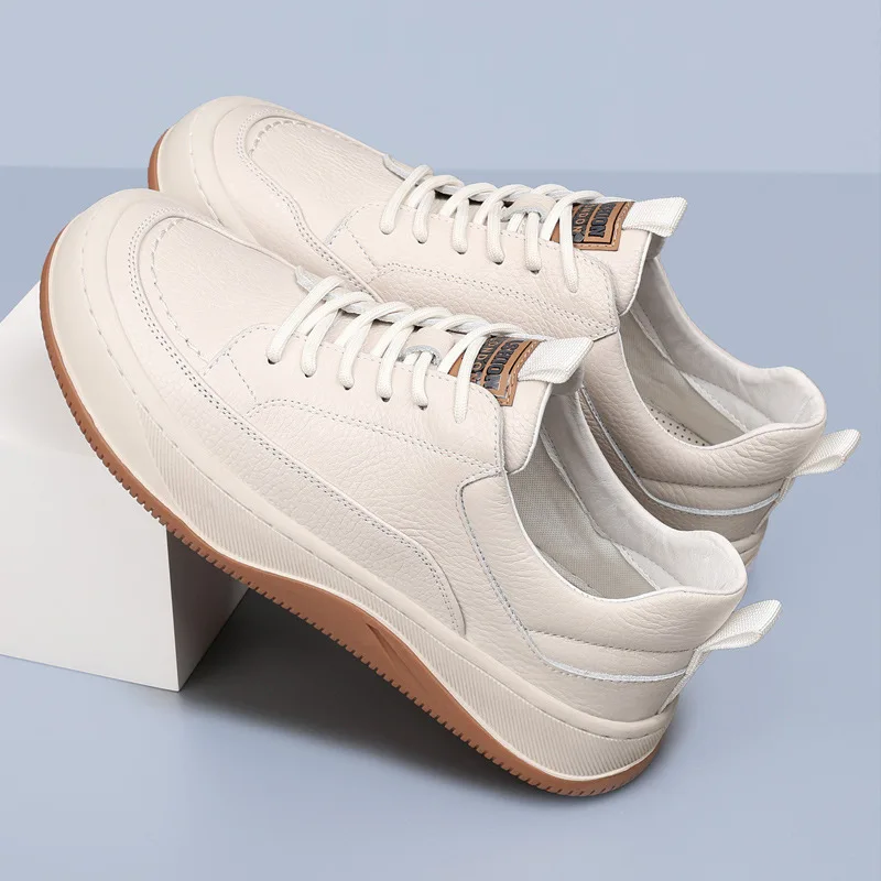 

Solid Color Cow Leather Sneakers for Men Spring Autumn Outdoor Platform Board Shoes Male Lace Designer Fashion Casual Shoes Man