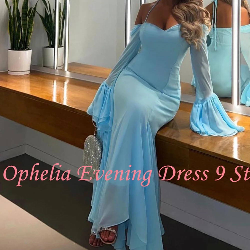 Customized Modern Strapless Chiffon Long Sleeves Ruffles Evening Dresses Elegant Floor Length Celebrity Gowns Vestido De Noche