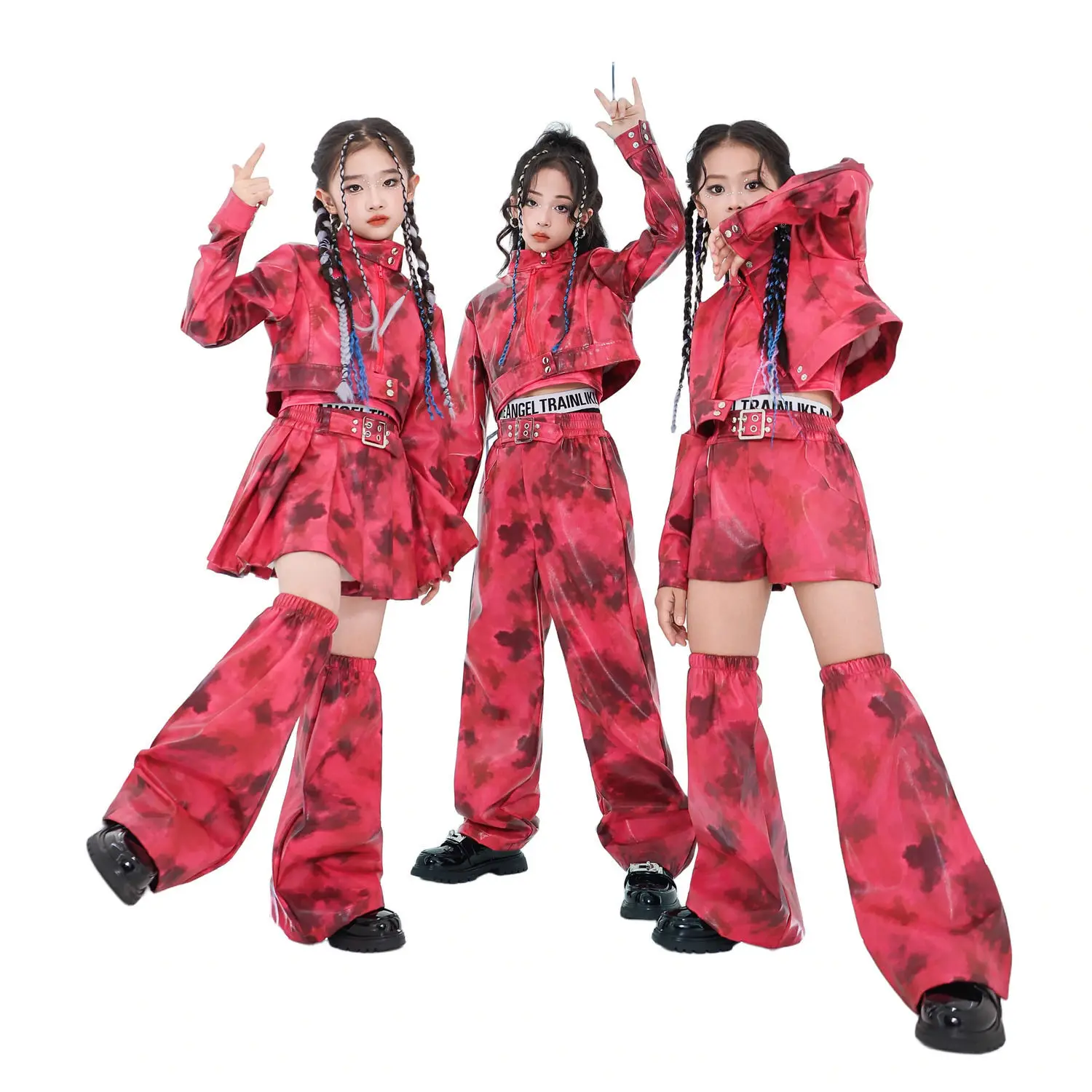 Mädchen Jazz Dance Kostüm Kinder Street Explosion Performance Kostüm Mädchen Gruppen-Set Walking Show Rotes PU-Tanzkleid