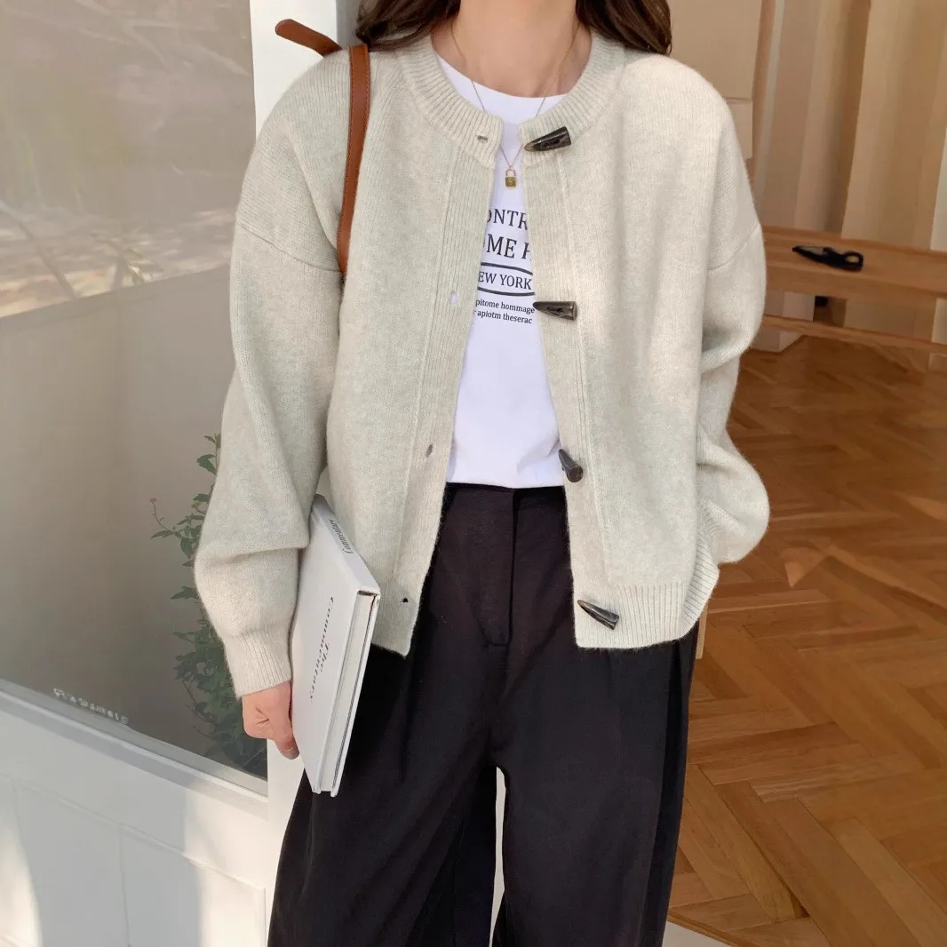 Autumn Winter New Loose Knitted Cardigan Jacket Women Cow Horn Button Sweater Cardigan Loose Vintage Solid Versatile Coat