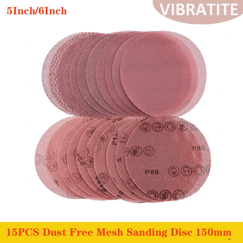 5/6 inch Mesh Sanding Disc 15PCS Dust Free Anti-Blocking Net Hook & Loop Sandpaper for Drywall Wood Metal Car Polishing Grinding