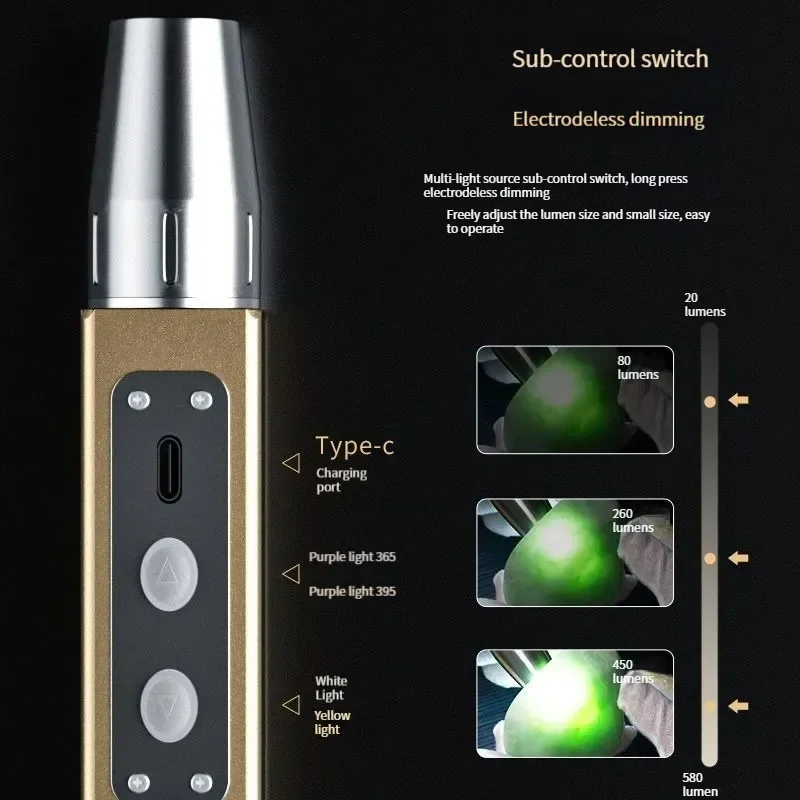 6 Light Sources Powerful Jade LED Flashlight Inspect USB Rechargeable 365/395NM UV Torch for Emerald Jewelry for Gems Amber