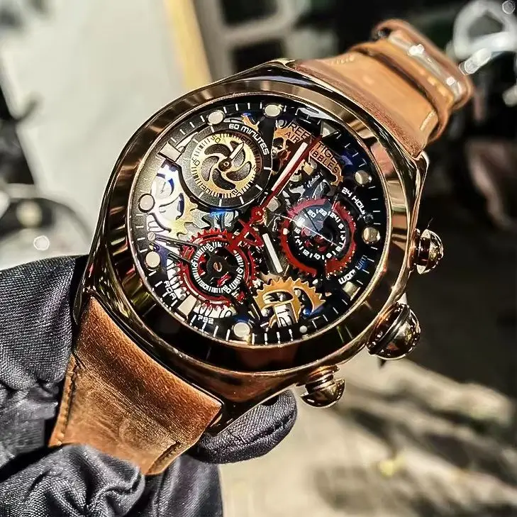 Reef Tiger Mens Chronograph Watch 44mm Quartz Wristwatch 50M Waterproof Luminous Bubble Mirror Skeleton VK63