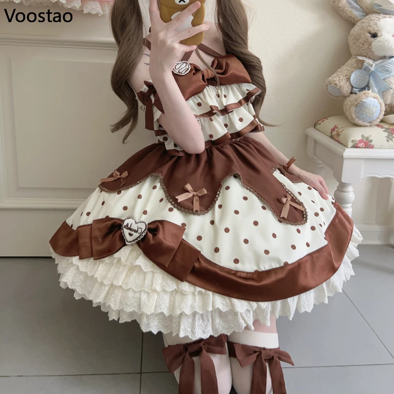 Japanese Sweet Lolita Jsk Dress Women Harajuku Kawaii Bow Ruffles Polka Dot Print Tea Party Dresses Girls Cute Slim Mini Dress