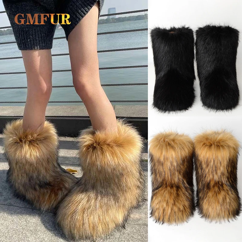 Winter Fuzzy Boots Women New Fashion Faux Fur Boots Outdoor Luxury Fluffy Fur Snow Shoes Warm Plush Platform Bottes Ladies