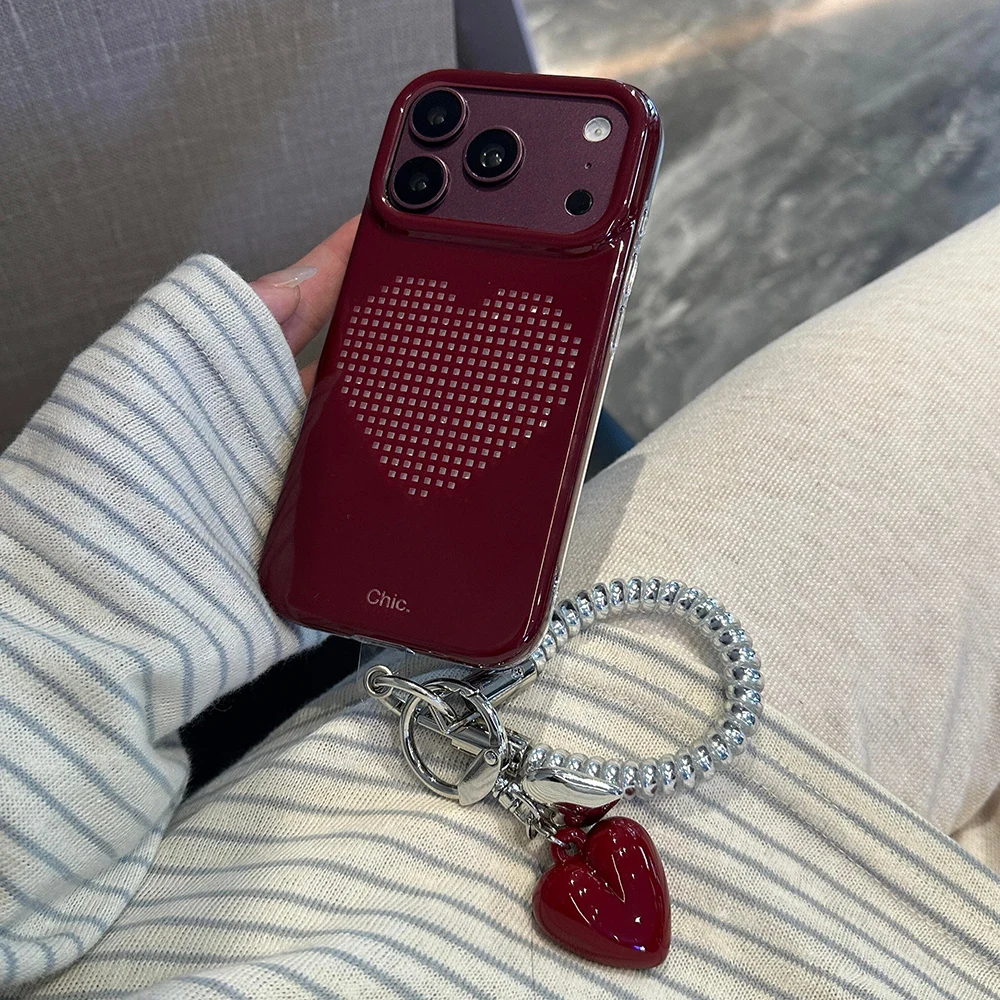 Modische, glitzernde Handyhülle mit Strasssteinen, Gittermuster und Herzmotiv in Burgunderrot für iPhone 18 Pro Max, 17, 16, 15, stoßfest, IMD-TPU-Handyhülle.