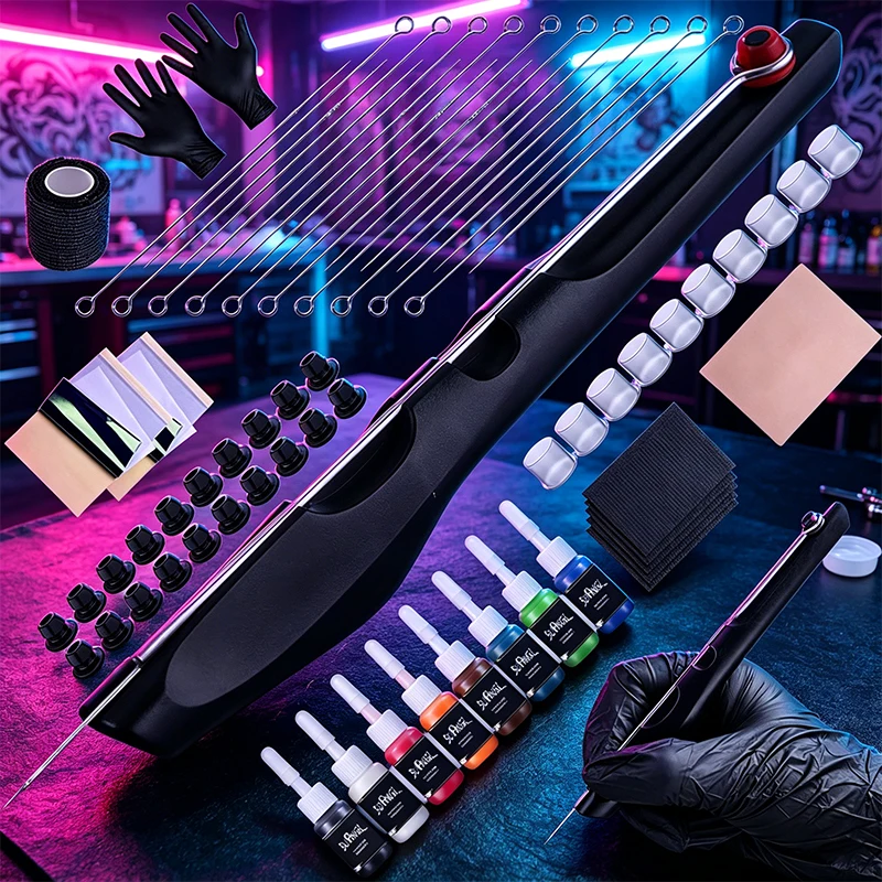 

Набор для татуажа: ручка-татуировщик, держатель для игл, 5 мл тату-чернил 8 цветов, стаканчики для чернил, перчатки, громмэты, бинты — полный комплект для татуировок