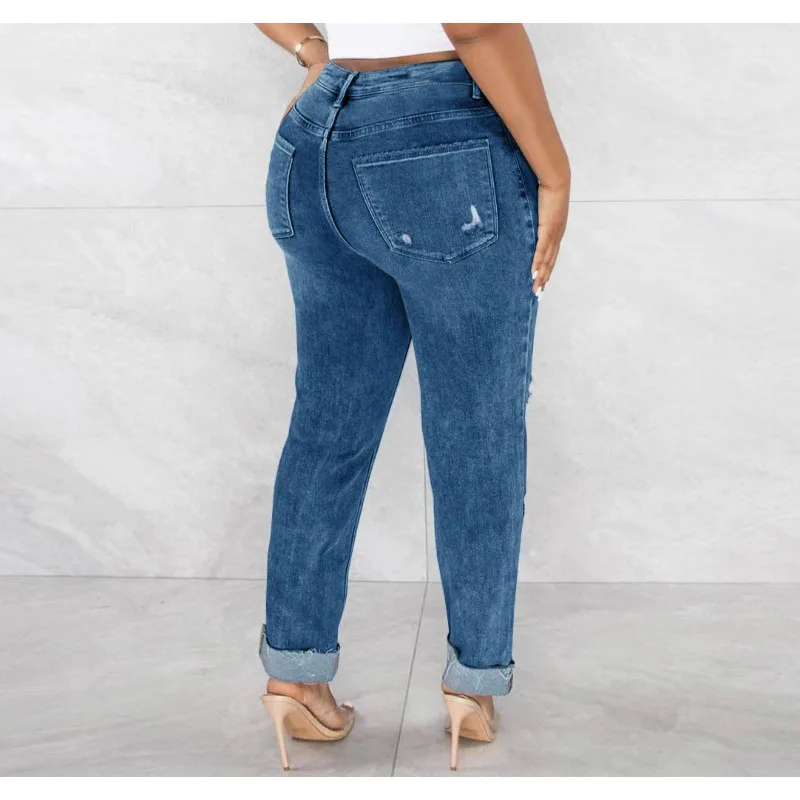 Jeans da donna di grandi dimensioni Jeans strappati a vita alta di vecchia moda pantaloni Slim Fit da donna S-2XL