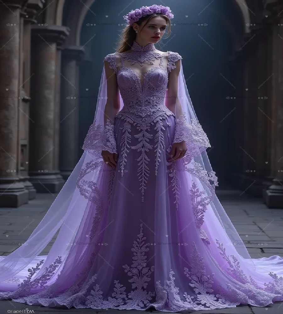 Pastel Lilac Gothic Wedding Dress 2026 Enchanted Forest Bohemian Woodland  Bridal Dress Long Sleeve Lace Fairy Elf Boho Bride