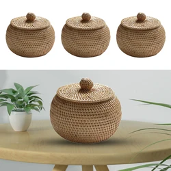 Natural Rattan Round Box With Lid Hand-Woven Wicker Tray Desktop Decoration Storage Box Picnic Food Bread Fruit Basket