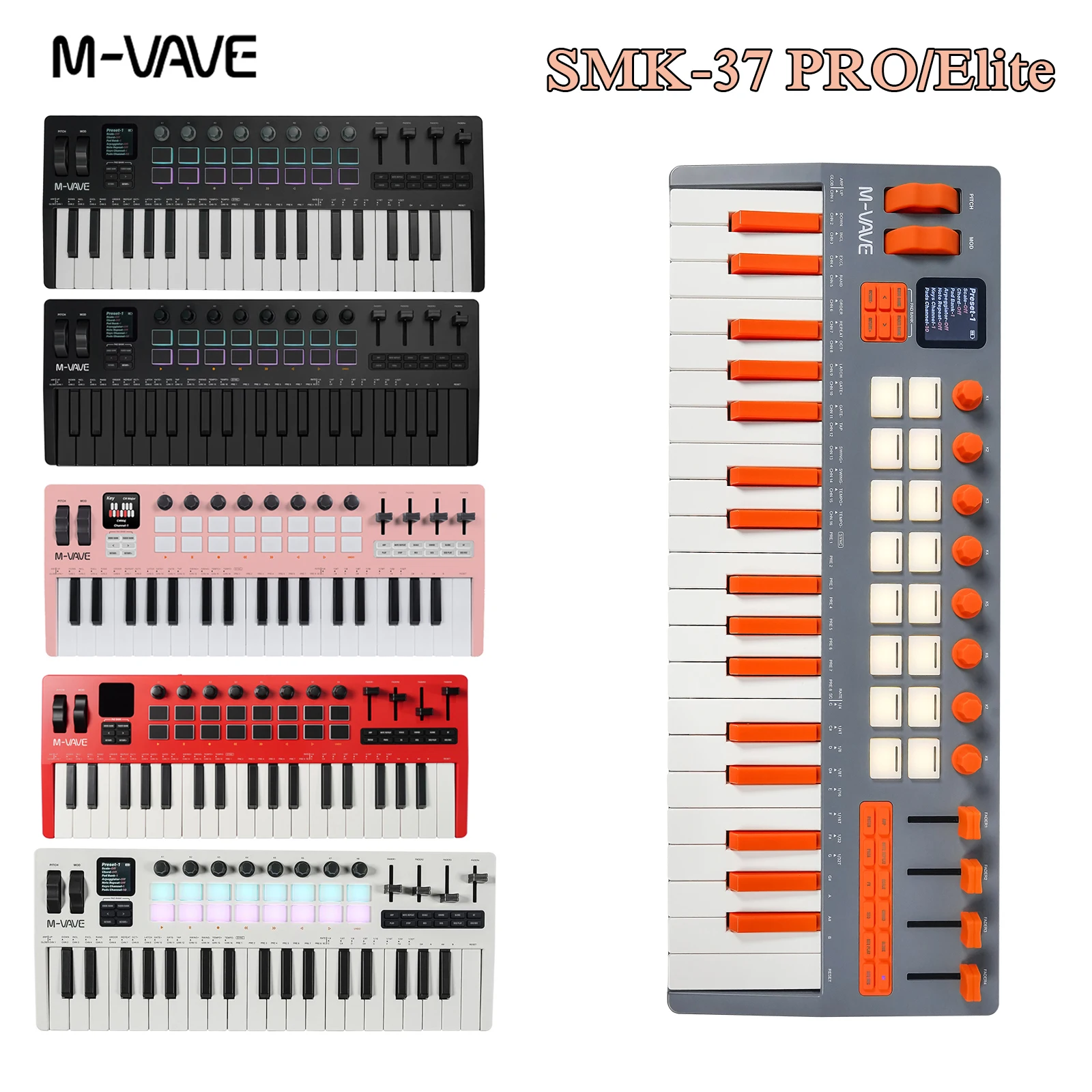 Image of M-VAVE SMK-37 Pro/Elite 37-Tasten Tragbarer MIDI-Controller mit Gewichteten Tasten, 16 RGB-Pads, 8 Drehreglern & Integriertem Synthesizer-Engine