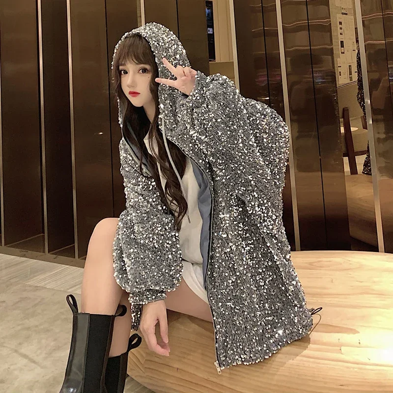 New Fashion Luxury Shiny Sequin Jacket Women Korean Style Loose Bling Bling Hooded Coats Ladies Streetwear Trendy Jackets