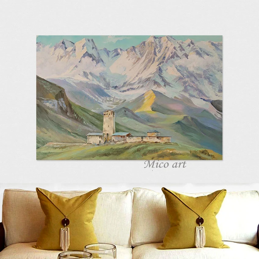 

High Mountain Landscape Building Painting Abstract Nutural Scenery Art Picture Canvas Decor Wall Frameless Handmade Artwork