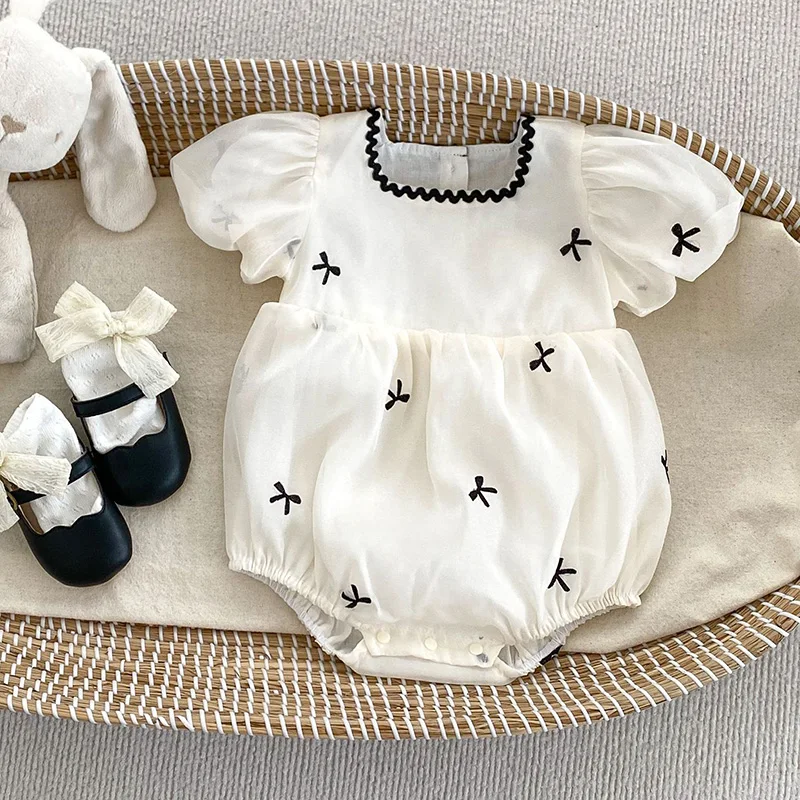 Summer Baby Girls Clothes Sweet Bow Infant Jumpsuit Puff Sleeves Newborn Romper Breathable Korean Princess One-pieces Onesies