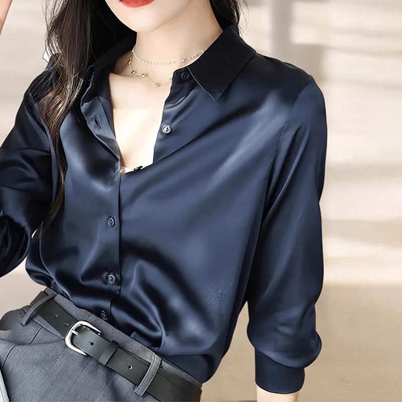 Spring Autumn Elegant Satin Women's Blouses 2025 New Long Sleeve Single Breasted Office Lady Loose Shirts Tops Female