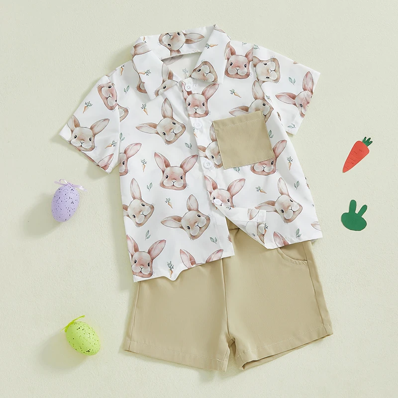 Easter Bunny Print Toddler Boy Short Set with Short Sleeve Button-up Shirt and Elastic Waistband Shorts Featuring Pockets