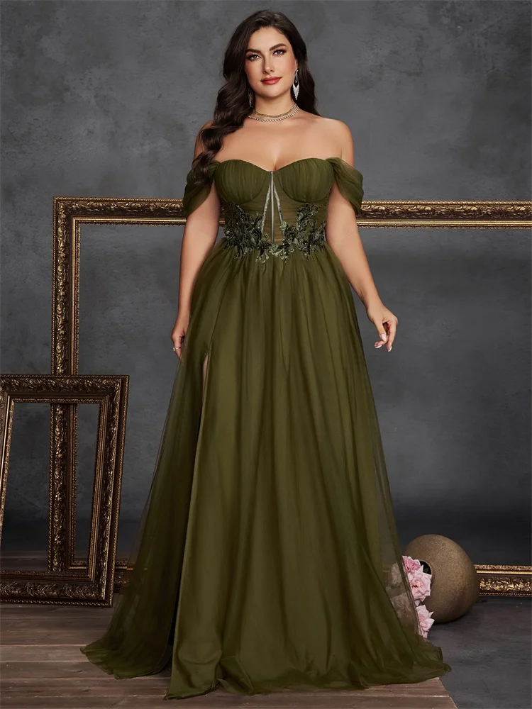 

XUIBOL Plus Size Elegant Short Sleeves Tulle Slit Evening Dresses Long Luxury Mermaid Formal Bridesmaid Party Maxi Prom Gown