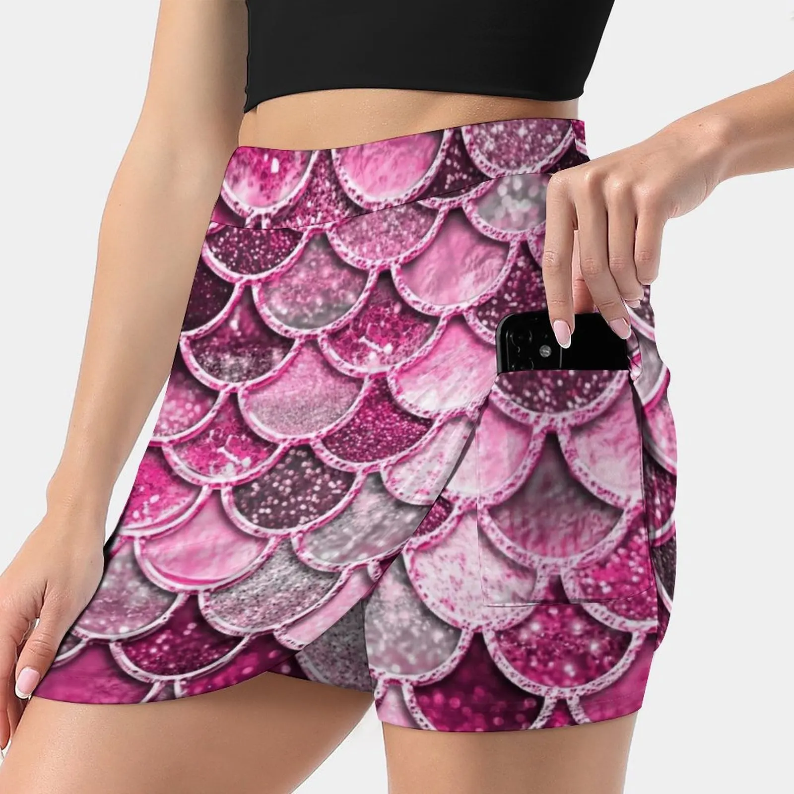 Pink Purple Magenta Sparkle Faux Glitter Mermaid Scales Women's skirt With Pocket Vintage Skirt Printing A Line Skirts Summer