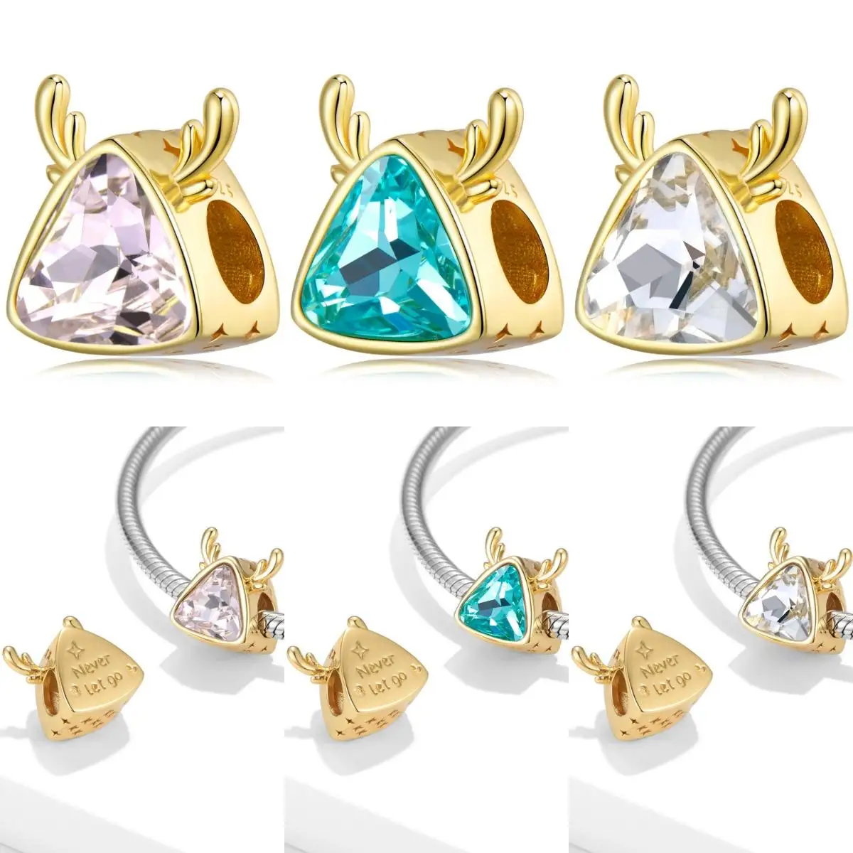

925 Sterling Silver Golden Antlers Zircon Color Charm Beads for Charm Fit Original Bracelet DIY Pendant Necklace Women Girl Chri