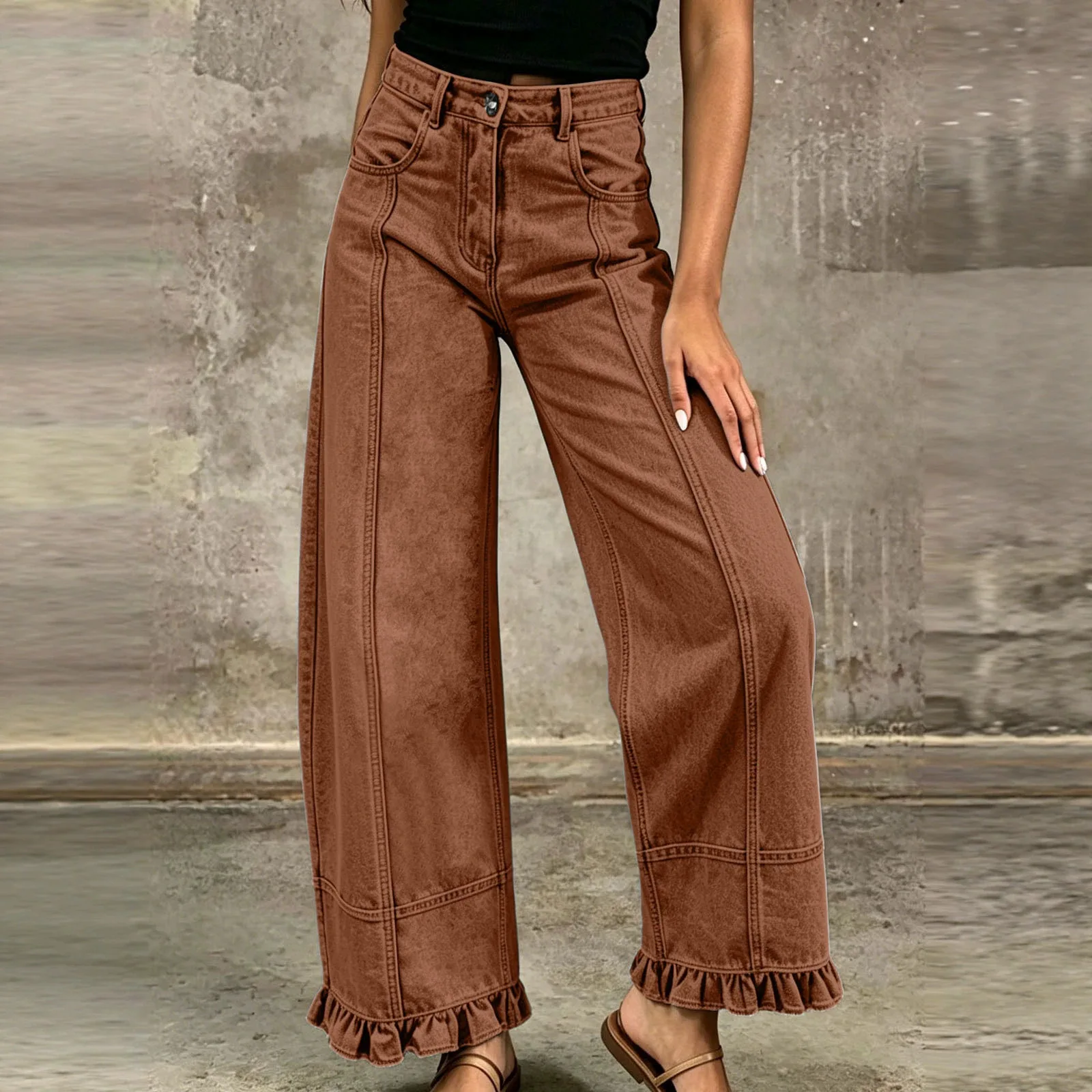 Women Baggy Wide Leg Denim Cropped Pants Vintage Y2k Pleated Ruffle Hem Elastic Low Rise Loose Fit Jeans with Pockets