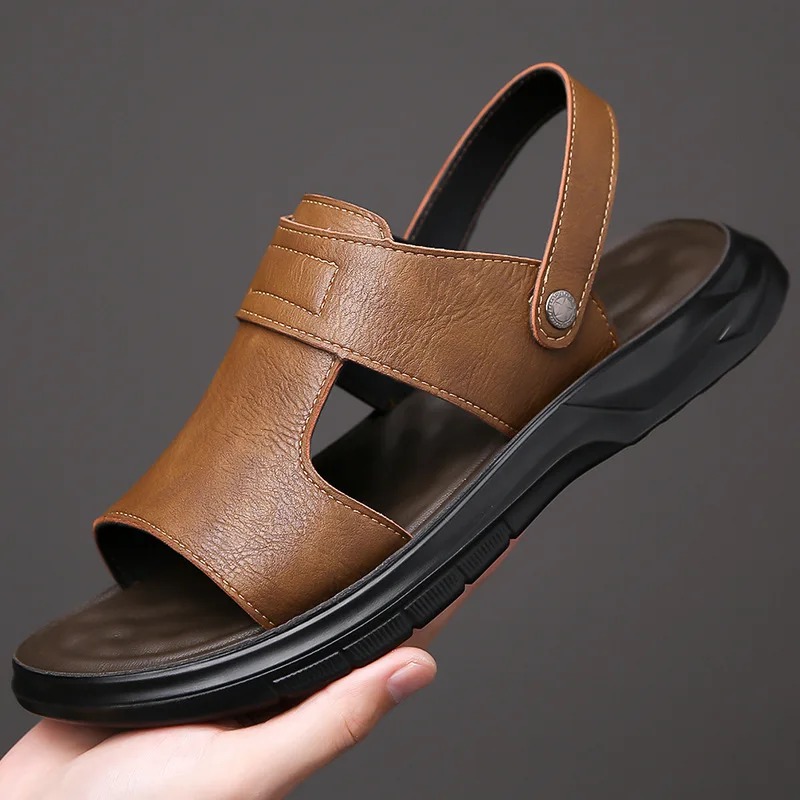 

Повседневные кожаные сандалии двойного назначения для мужчин, однотонная модная пляжная обувь, мужские летние модные повседневные тапочки с мягкой подошвой
