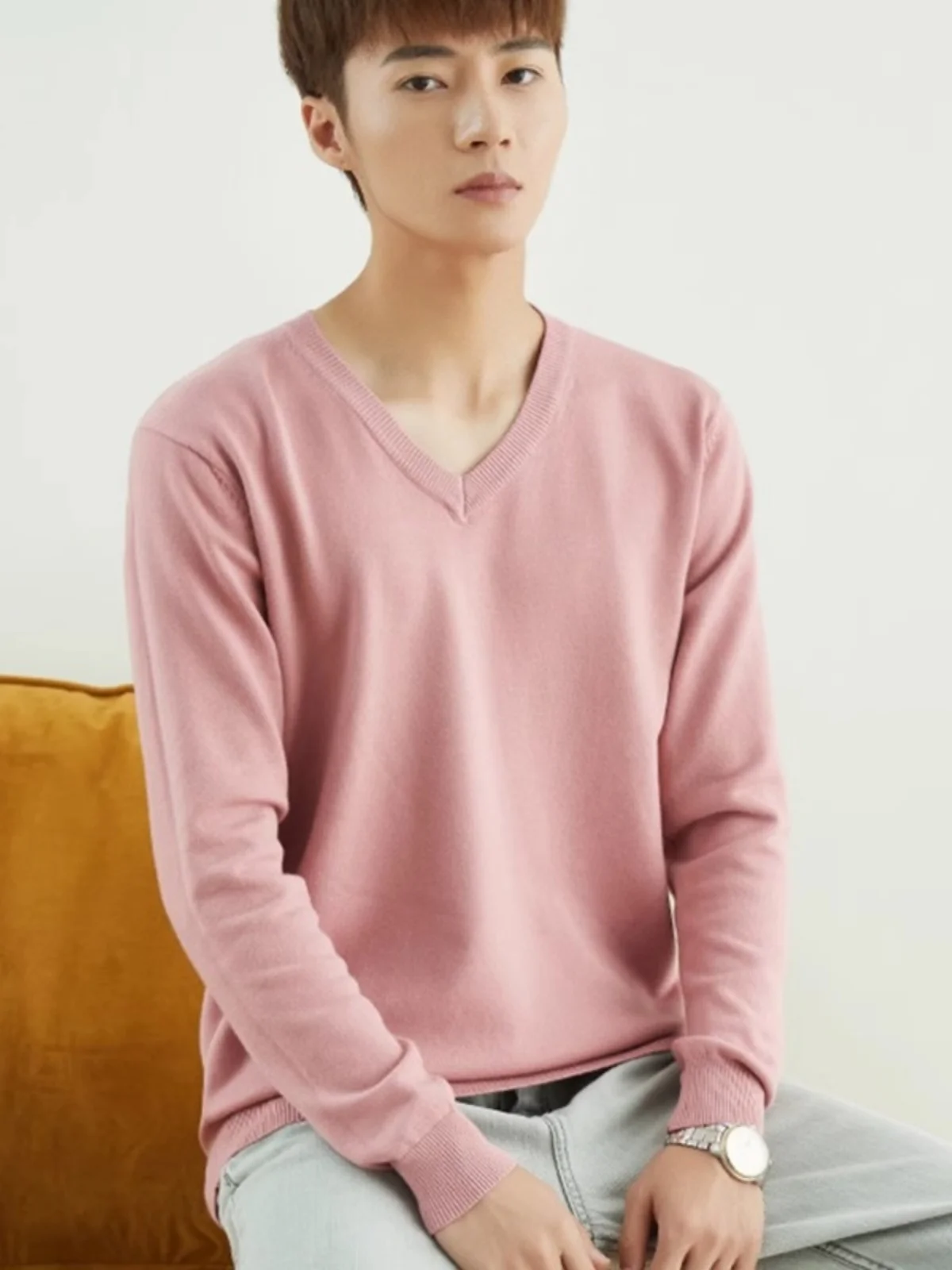 

Мужской вязаный свитер с круглым вырезом и V-образным вырезом, с длинными рукавами, теплый базовый слой, свободный крой, модная весенняя одежда, стильная внутренняя одежда