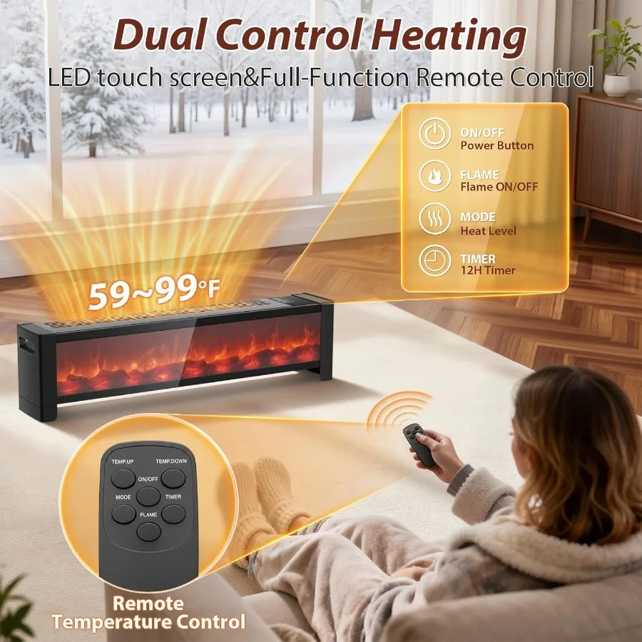 

Электрический каминный обогреватель мощностью 1500 Вт с реалистичным эффектом пламени для больших помещений. Ультра тихий плинтусный обогреватель черного цвета с регулируемым эффектом.