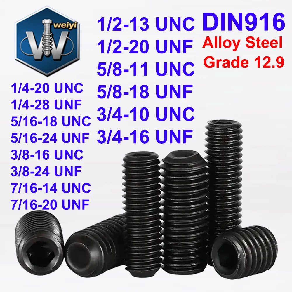 

Weiyi DIN916 1/4'' 5/16'' 3/8'' UNC UNF Grade 12.9 Alloy Steel Hex Socket Set Screws with Cup Point Headless Grub Bolts