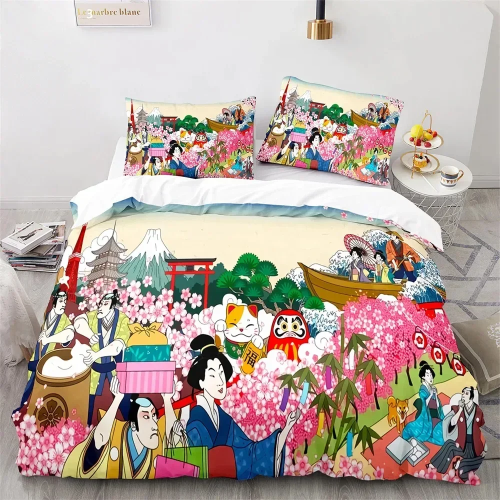 3D Print Japanese-Style Bedding Set Ukiyo-e Theme Comforter Sea Wave Red Sun Pattern Decor Kids Teen King Full Size Duvet Cover