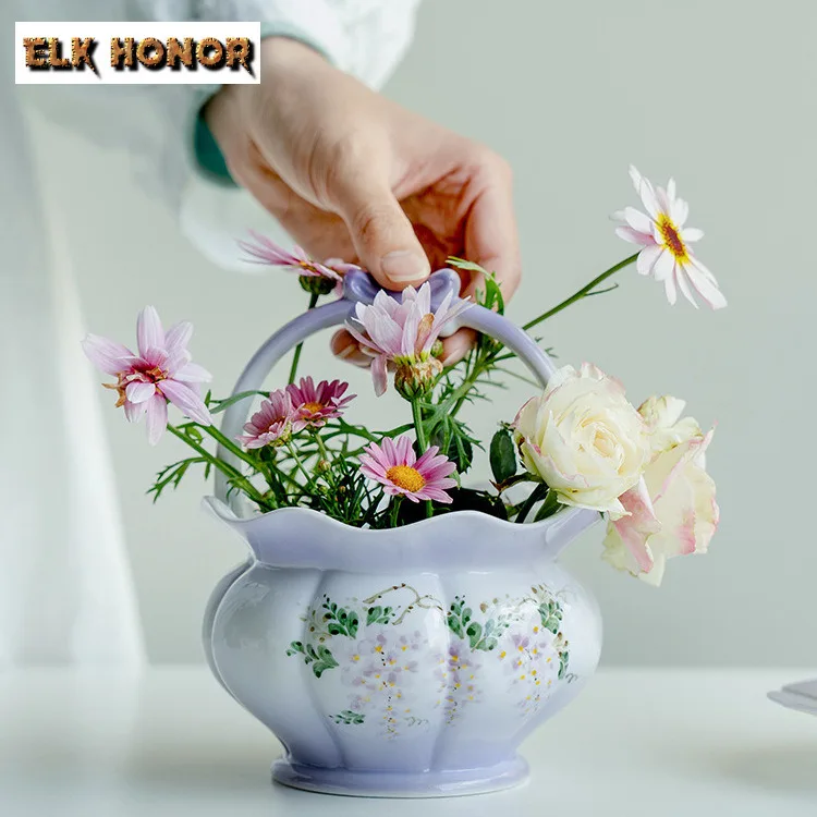 Hand-painted Wisteria Flower Lifting Handle Vase Traditional Cachepot Plant Pot Household Flowerpot Chinese Tea Set Decoration