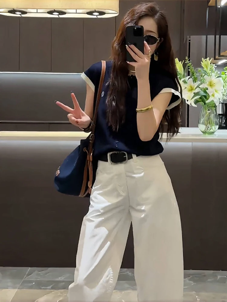 

Women's Summer Knitted Short Sleeve T-Shirt Set Casual Nine-Piece Loose Fit Breathable Lightweight Neck Two-Piece Suit