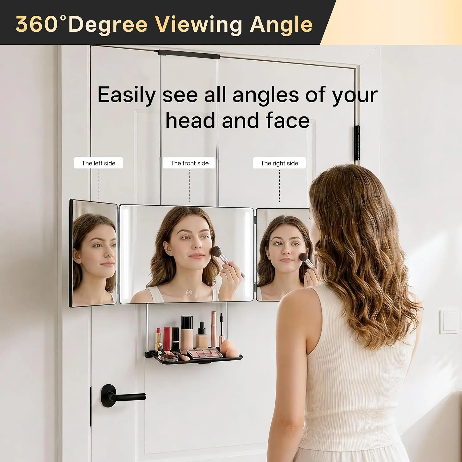 Folding 3 Way Mirror with Lights and Shelf 360 Self Cut Mirror for Self Haircut Rechargeable Dimmable LED Adjustable Hook for Wall Door Tabletop for Men Women Makeup Shaving Braiding for Haircut Makeu image 2