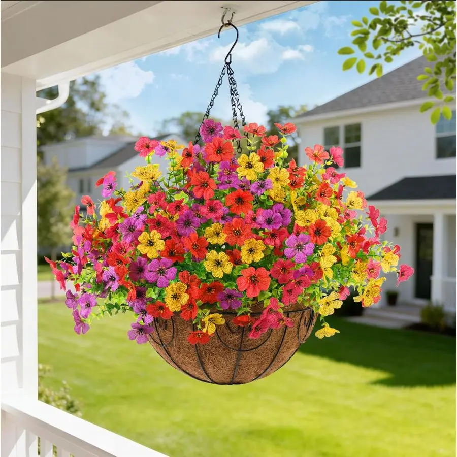 

Подвесные корзины с цветами, 12 пучков искусственных цветов для уличных подвесных корзин, весенне-летнее украшение, искусственные цветы и растения для веранды