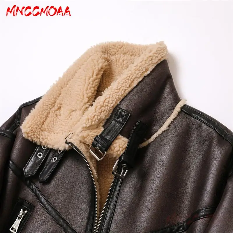 MNCCMOAA-Women's Thick Warm Lamb Wool Faux Leather Jacket Female Coat Casual Zipper Outwear Ladies Tops High Quality Winter 2024