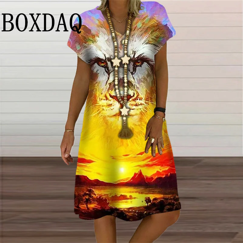 Tie Dye Painting Lions Dresses For Women 2024 Summer V-Neck New Ladies Short Sleeve Pullover Loose Dress Casual 3D Print Dress