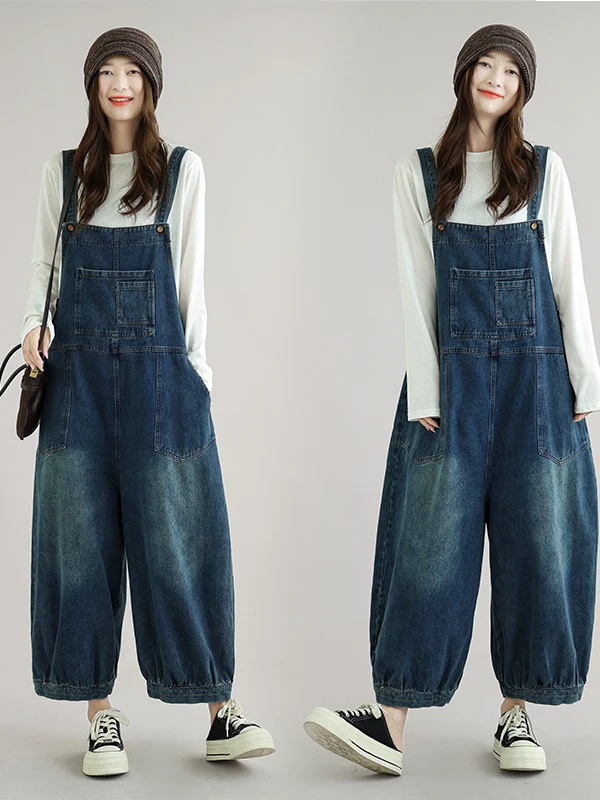 Casual Loose Women's Denim Overalls Vintage Style Pockets Detail Comfortable Fit Blue Jeans Straight Leg Pants Autumn Wear