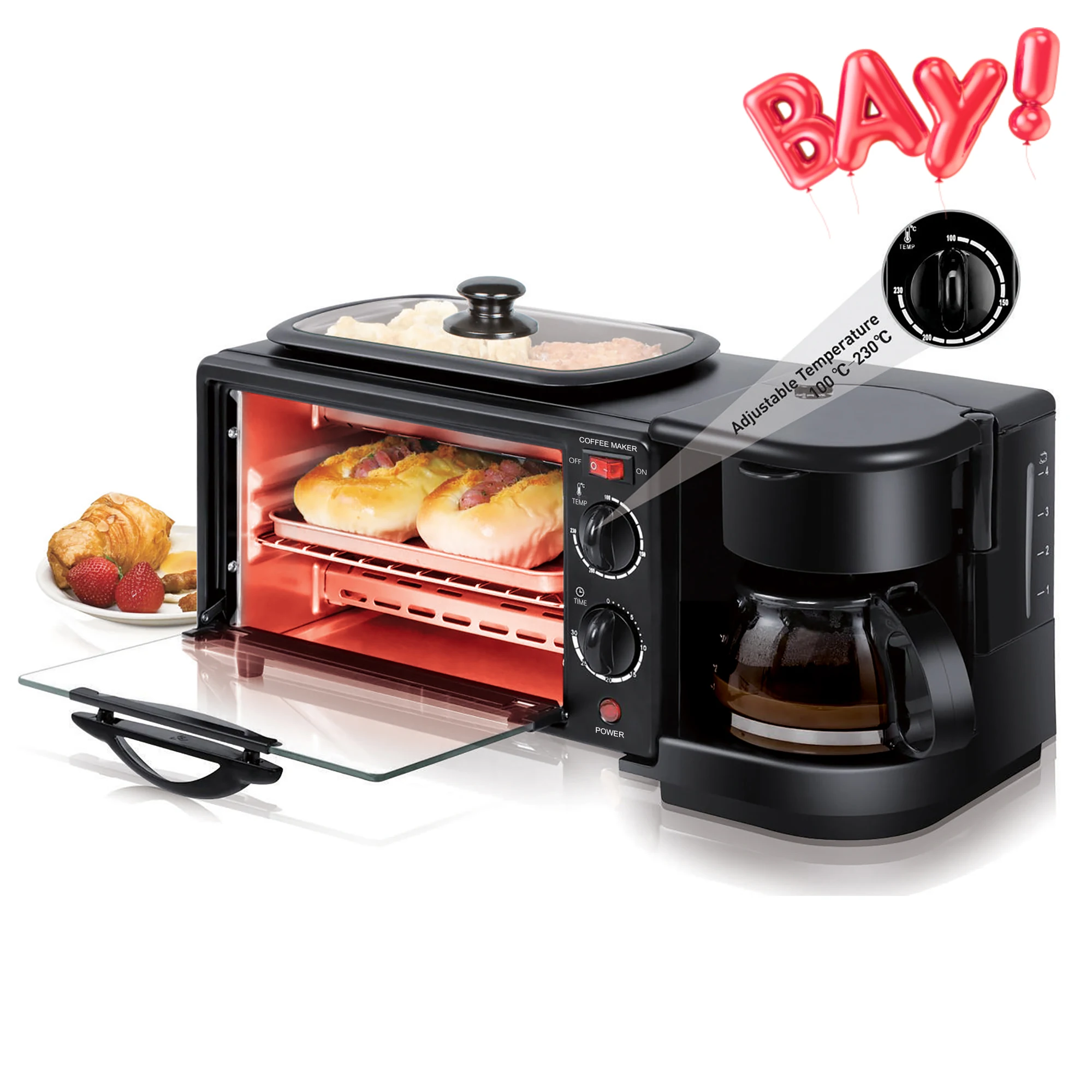 Maquina De Desayuno Home Use Mini Horno 3 En 1 Electric Oven 3 In 1 Electric 3In1 Breakfast Maker 3 in 1 Multi-funtion Breakfast