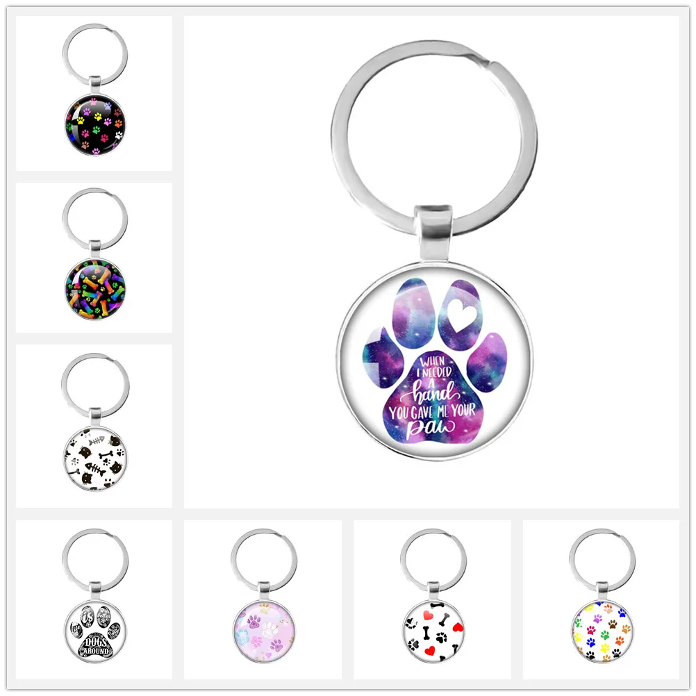 New Cute Pet Cat Dog Paw Creative Footprints Pattern Glass Cabochon Charms Keychains I Love My Dog Keychains Jewelry Gifts