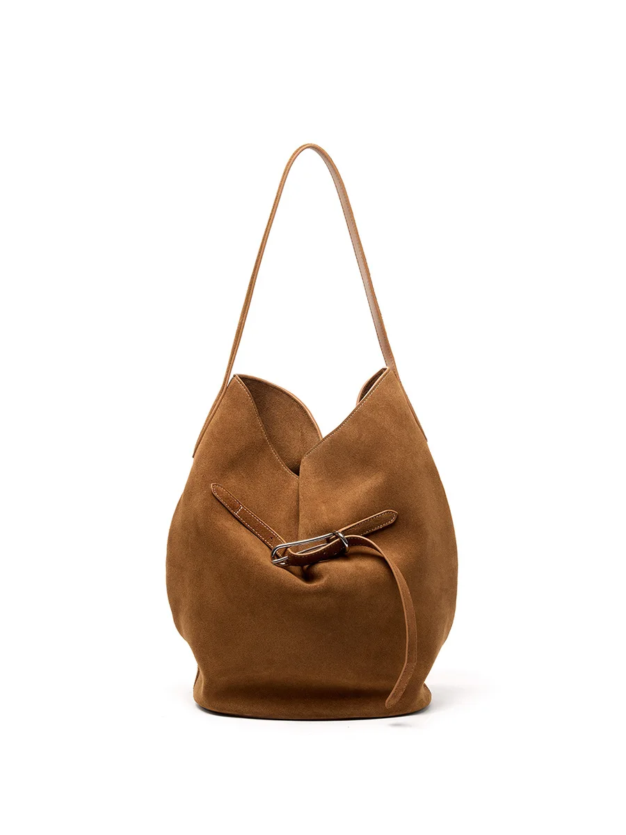 

Сумка-хобо из замши и матовой телячьей кожи с верхним слоем из замши, декорированная поясом, в форме пельменя, на плечо, через плечо, повседневная, минималистичная, S...