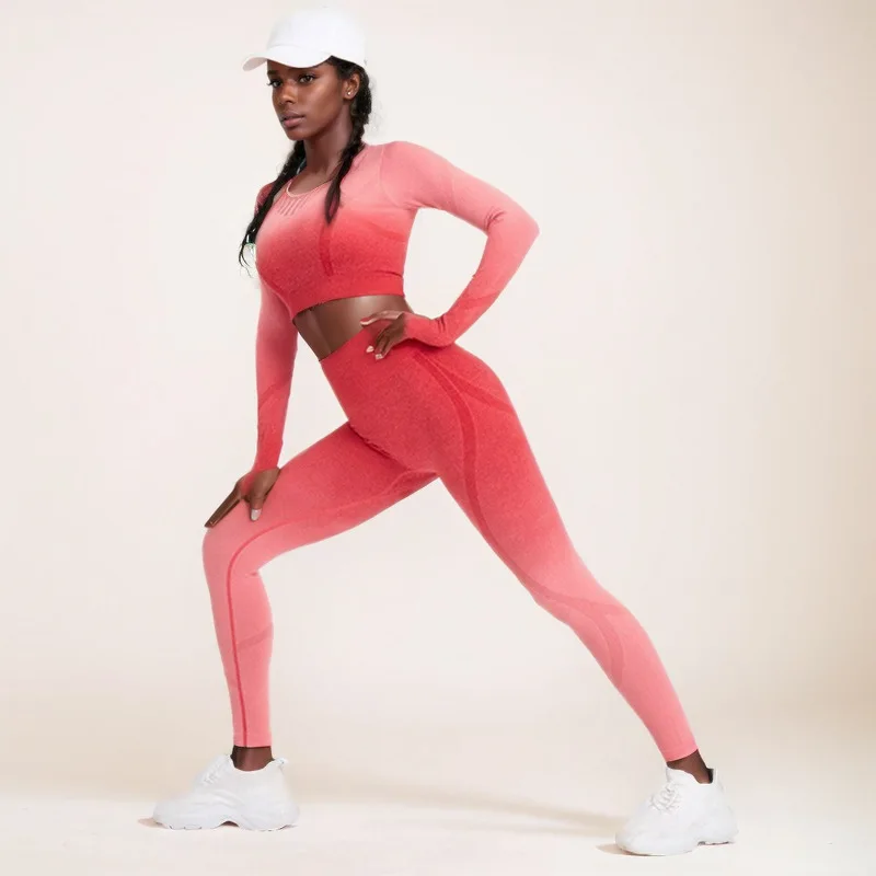 

Women's Gradient Long Sleeve Yoga Top Quick-Dry Fitness Suit Tight-Fit European American Style High-End Sportswear for Running