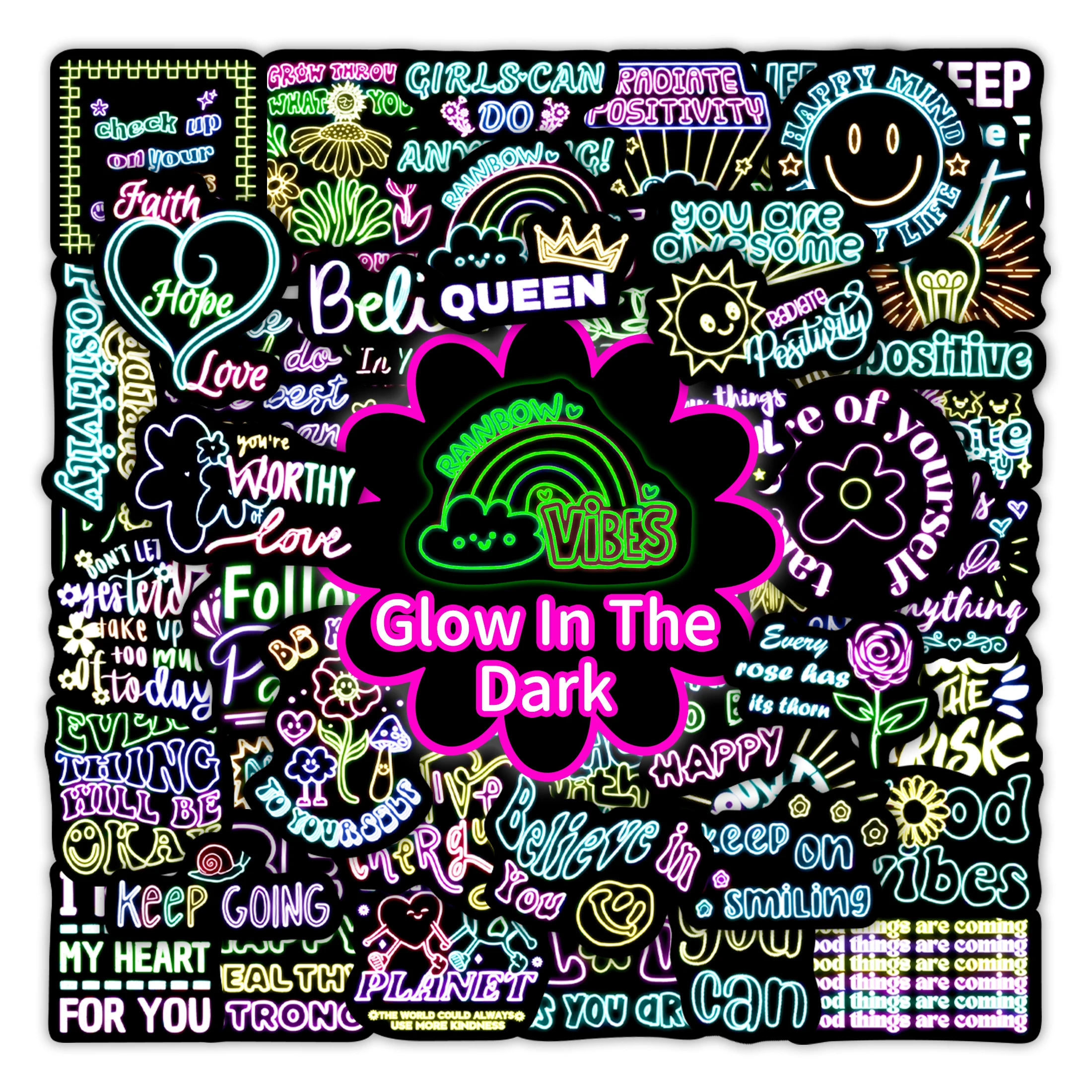 50Pcs Neon Positive Phrase Glow in the Dark Stickers Waterproof Vinyl Decals Computer Phone Decoration for Kids DIY Gifts