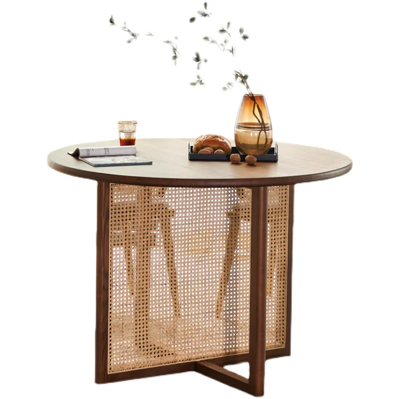 Solid wood dining table, small household dining table and chair combination, Nordic rattan woven round table