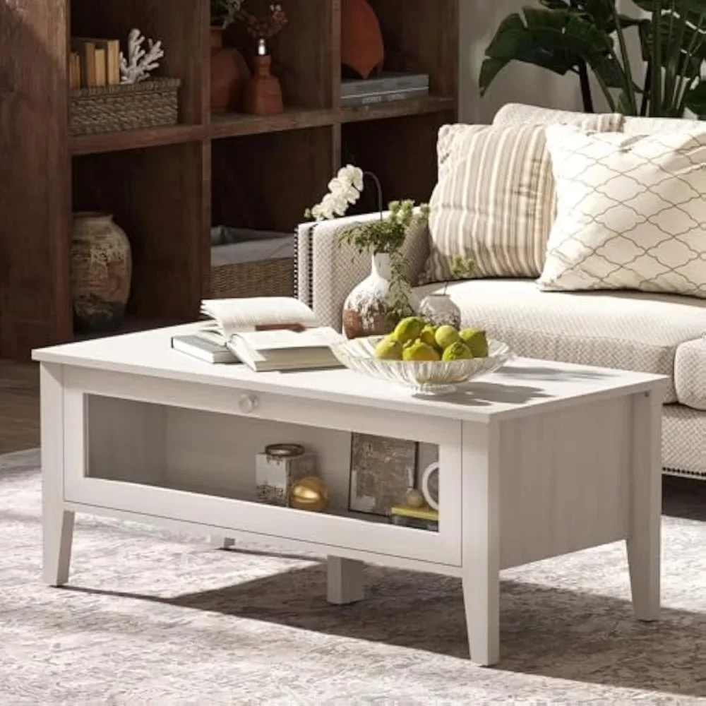 Modern White Coffee Table with Glass Door Storage Compartment, Rectangular Wooden Center Table for Living Room