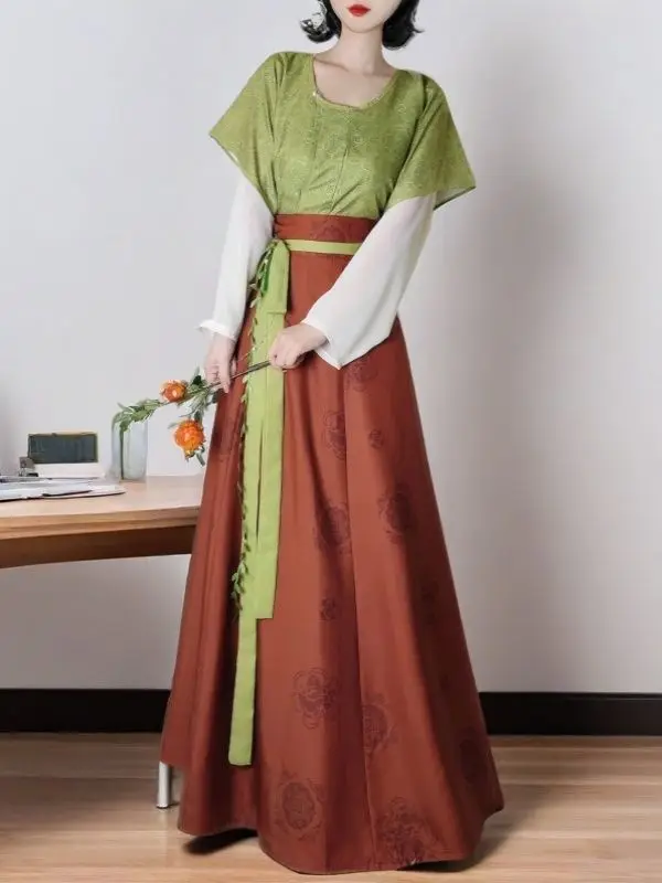 مجموعة جديدة من سلالة تانغ هانفو - مطبوعة بياقة دائرية Beizi + تنورة عالية الخصر مكونة من ثمانية أجزاء على الطراز الصيني زي المرأة البالغة